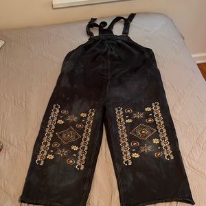 Jean Bib Overalls. No Brand. Embroidery on legs.